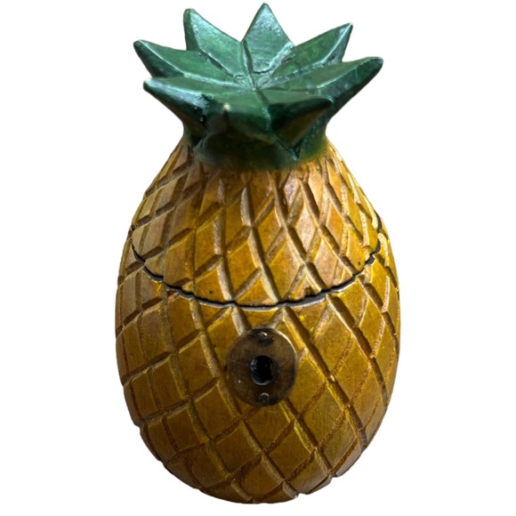 Other - Vintage Hand Carved Wooden Pineapple Shape Jar with Hinged Pineapple Lid 7"